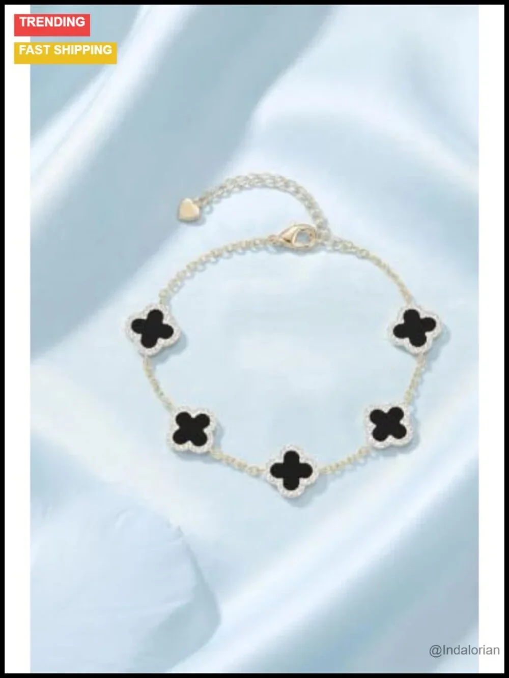 14K Gold Plated Clover Bracelet with Black Onyx Charms
